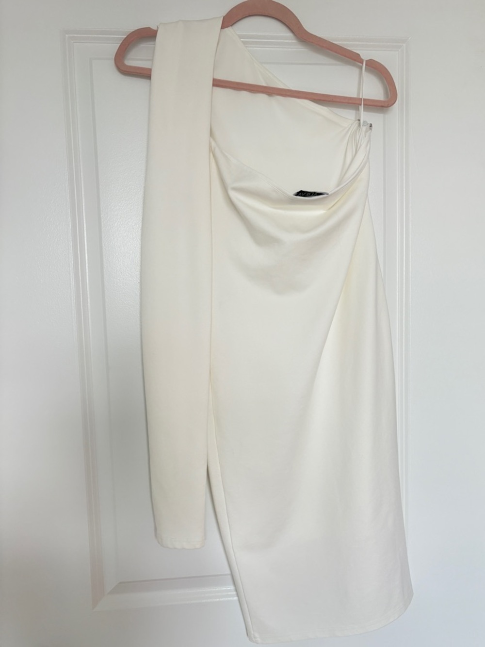 Aliava sz M Dasha one-shoulder Modern Midi Dress off-white cream Bodycon stretch - Picture 6 of 9